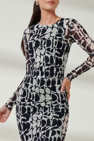 Mesh Bodycon Midi Dress, Navy Geo