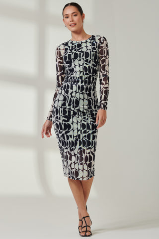 Mesh Bodycon Midi Dress, Navy Geo