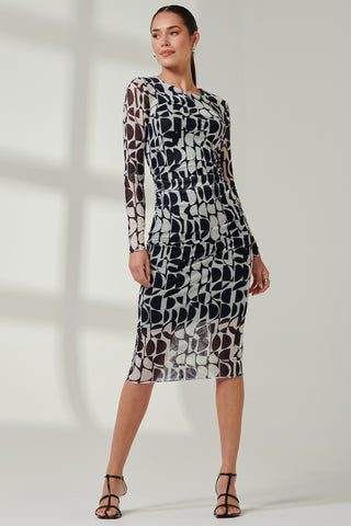 Mesh Bodycon Midi Dress, Navy Geo