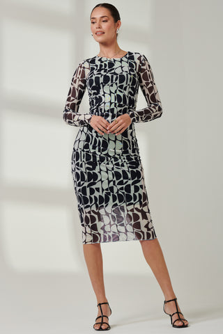 Mesh Bodycon Midi Dress, Navy Geo