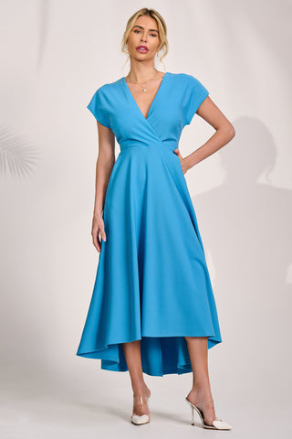 Printed Scuba Dipped Hem Maxi Dress, Blue