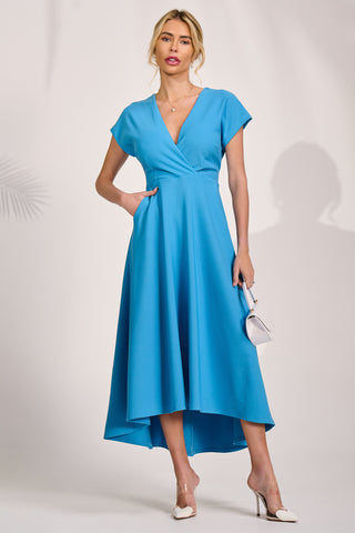 Printed Scuba Dipped Hem Maxi Dress, Blue