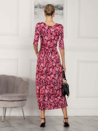 floral maxi dress with 3 4 sleeves Black Floral Chiffon Ruffle Midi Dress with 3/4 Sleeves