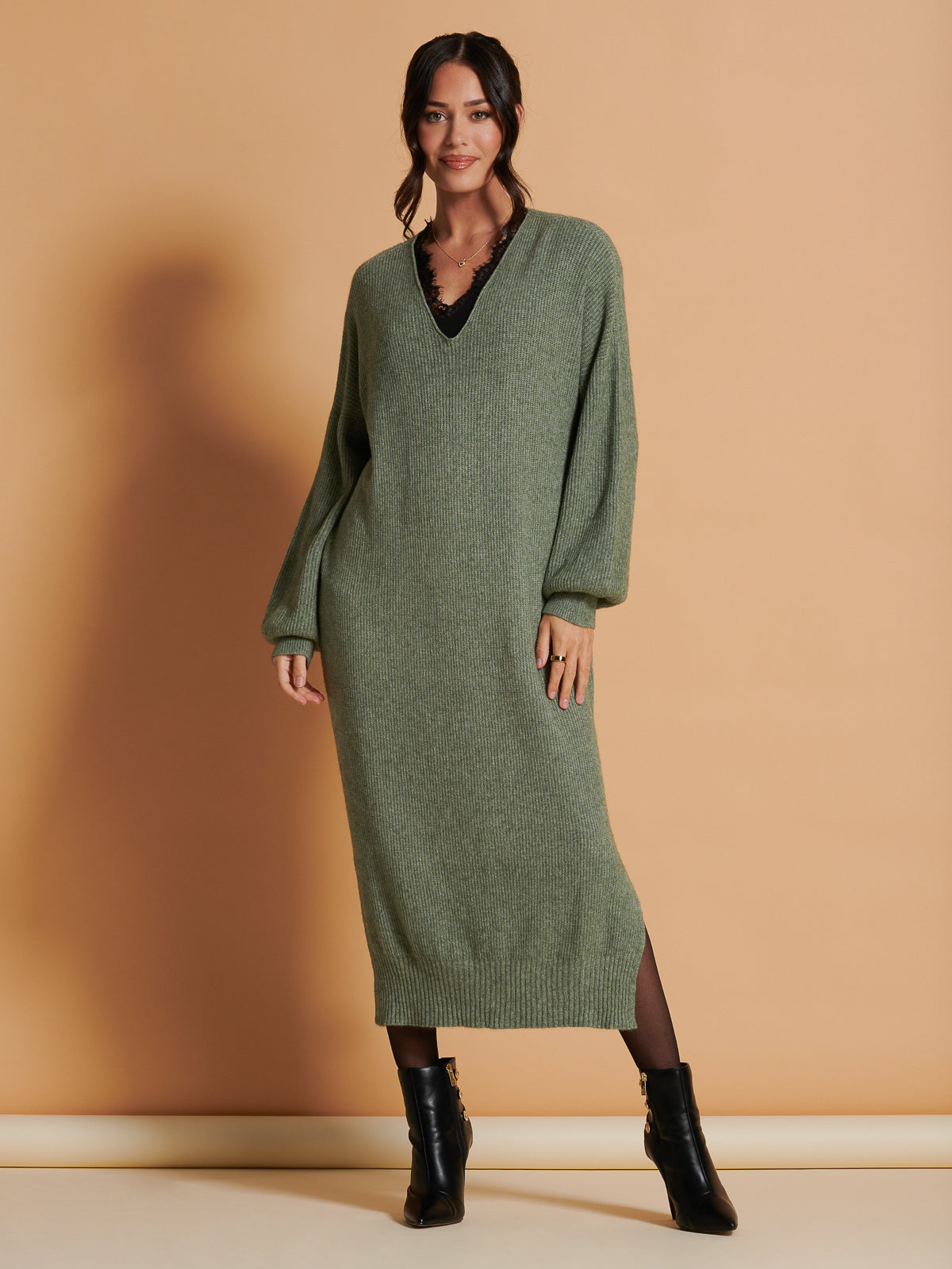 Made In Italy V Neck Knitted Jumper Maxi Dress Khaki Green