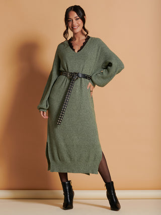 Made In Italy V Neck Knittted Jumper Maxi Dress, Khaki Green