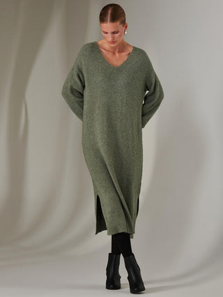 Made In Italy V Neck Knitted Jumper Maxi Dress, Khaki Green