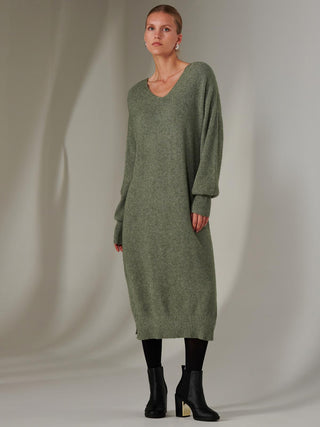 Made In Italy V Neck Knitted Jumper Maxi Dress, Khaki Green