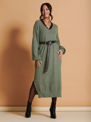 Made In Italy V Neck Knitted Jumper Maxi Dress, Khaki Green Jolie Moi Retail Made In Italy V Neck Knitted Jumper Maxi Dress, Khaki Green Jolie Moi Retail