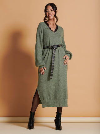 Made In Italy V Neck Knittted Jumper Maxi Dress, Khaki Green
