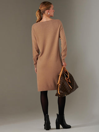 Made in Italy V Neck Knitted Jumper Dress, Tan Brown Jolie Moi Retail Made in Italy V Neck Knitted Jumper Dress, Tan Brown Jolie Moi Retail