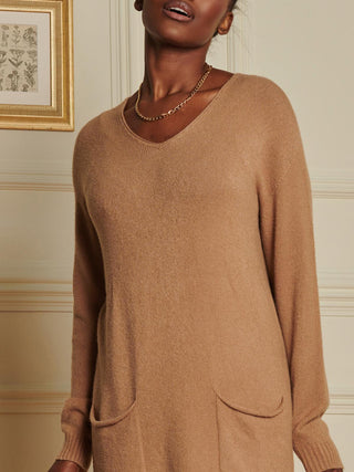 Made in Italy V Neck Knitted Jumper Dress, Tan Brown