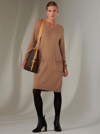 Made in Italy V Neck Knitted Jumper Dress, Tan Brown