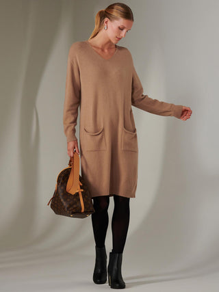 Made in Italy V Neck Knitted Jumper Dress, Tan Brown