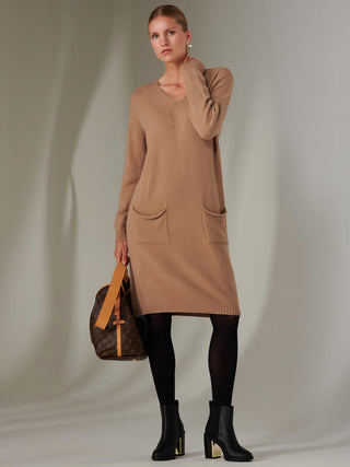 Made in Italy V Neck Knitted Jumper Dress, Tan Brown