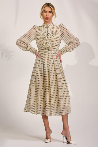 Chiffon Print Ruffled Shirt Dress, Beige Paisley