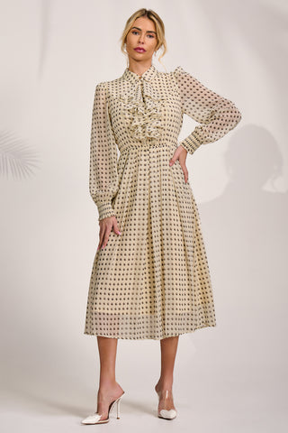 Chiffon Print Ruffled Shirt Dress, Beige Paisley