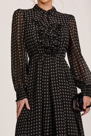 Chiffon Print Ruffled Shirt Dress, Black Paisley