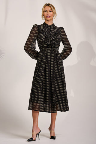 Chiffon Print Ruffled Shirt Dress, Black Paisley