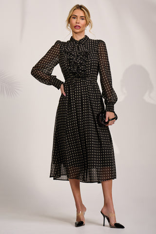 Chiffon Print Ruffled Shirt Dress, Black Paisley