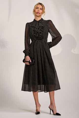 Chiffon Print Ruffled Shirt Dress, Black Paisley