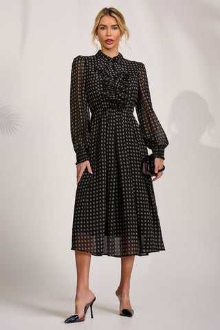 Chiffon Print Ruffled Shirt Dress, Black Paisley