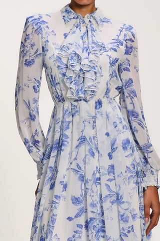 Chiffon Print Ruffled Shirt Dress, White Floral