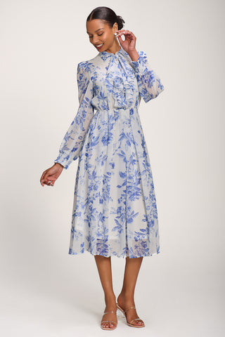 Chiffon Print Ruffled Shirt Dress, White Floral