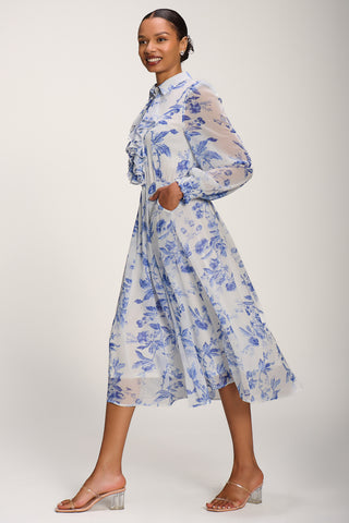 Chiffon Print Ruffled Shirt Dress, White Floral