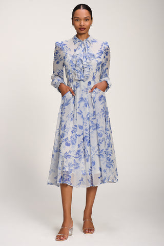 Chiffon Print Ruffled Shirt Dress, White Floral