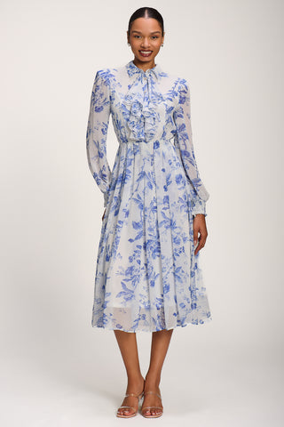 Chiffon Print Ruffled Shirt Dress, White Floral