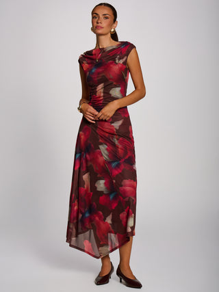 Asymmetric Draped Mesh Maxi Dress,Brown Floral