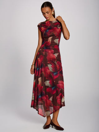 Asymmetric Draped Mesh Maxi Dress,Brown Floral