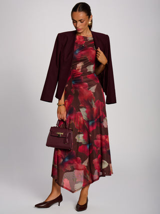 Asymmetric Draped Mesh Maxi Dress,Brown Floral