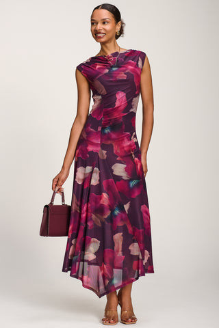 Asymmetric Draped Mesh Maxi Dress, Burgundy Floral