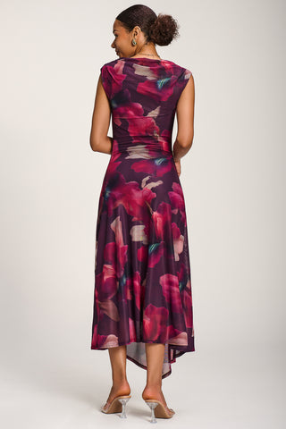 Asymmetric Draped Mesh Maxi Dress, Burgundy Floral