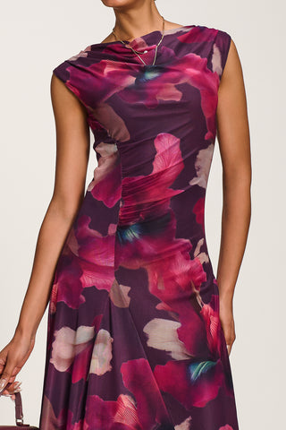 Asymmetric Draped Mesh Maxi Dress, Burgundy Floral