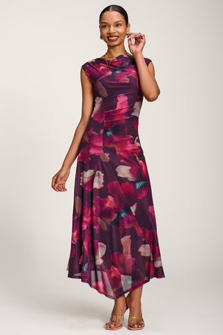 Asymmetric Draped Mesh Maxi Dress, Burgundy Floral