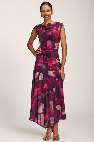 Asymmetric Draped Mesh Maxi Dress, Burgundy Floral