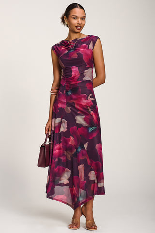 Asymmetric Draped Mesh Maxi Dress, Burgundy Floral