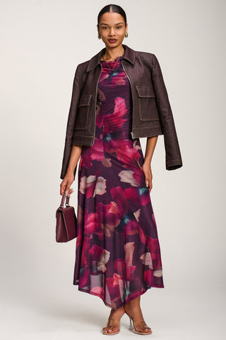 Asymmetric Draped Mesh Maxi Dress, Burgundy Floral