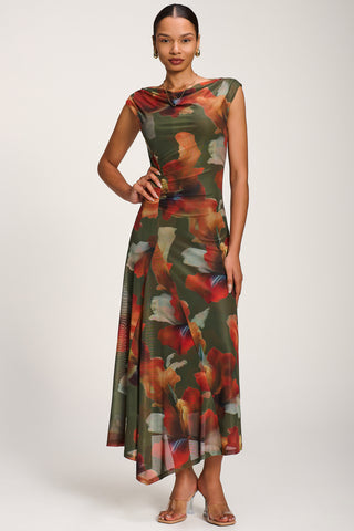 Asymmetric Draped Mesh Maxi Dress, Green Floral