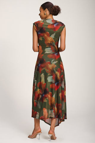 Asymmetric Draped Mesh Maxi Dress, Green Floral