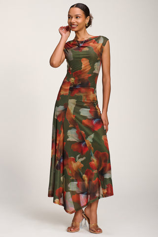 Asymmetric Draped Mesh Maxi Dress, Green Floral