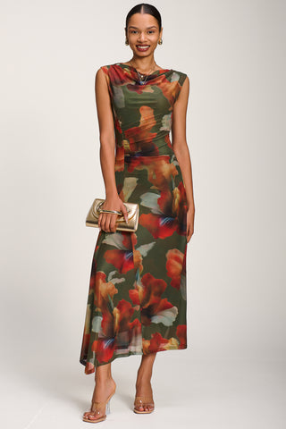 Asymmetric Draped Mesh Maxi Dress, Green Floral