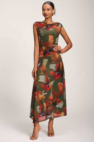 Asymmetric Draped Mesh Maxi Dress, Green Floral