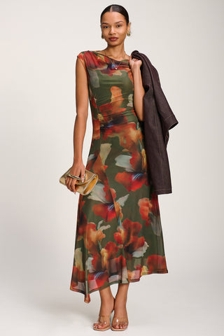 Asymmetric Draped Mesh Maxi Dress, Green Floral