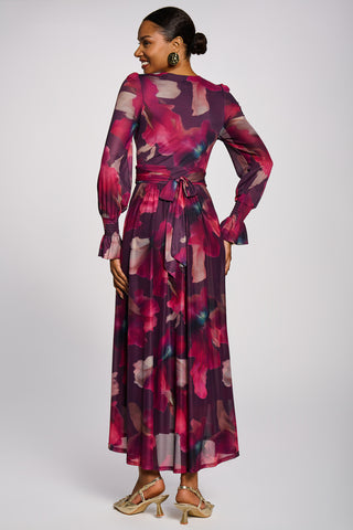 Long Sleeve V Neck Mesh Maxi Dress, Burgundy Floral