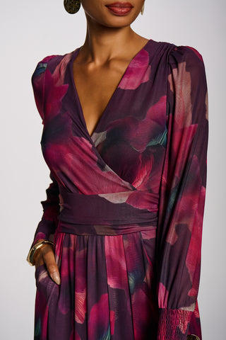Long Sleeve V Neck Mesh Maxi Dress, Burgundy Floral