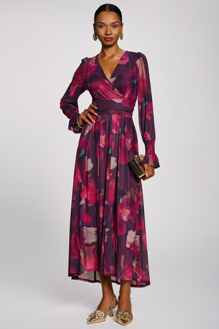 Long Sleeve V Neck Mesh Maxi Dress, Burgundy Floral