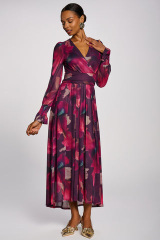 Long Sleeve V Neck Mesh Maxi Dress, Burgundy Floral